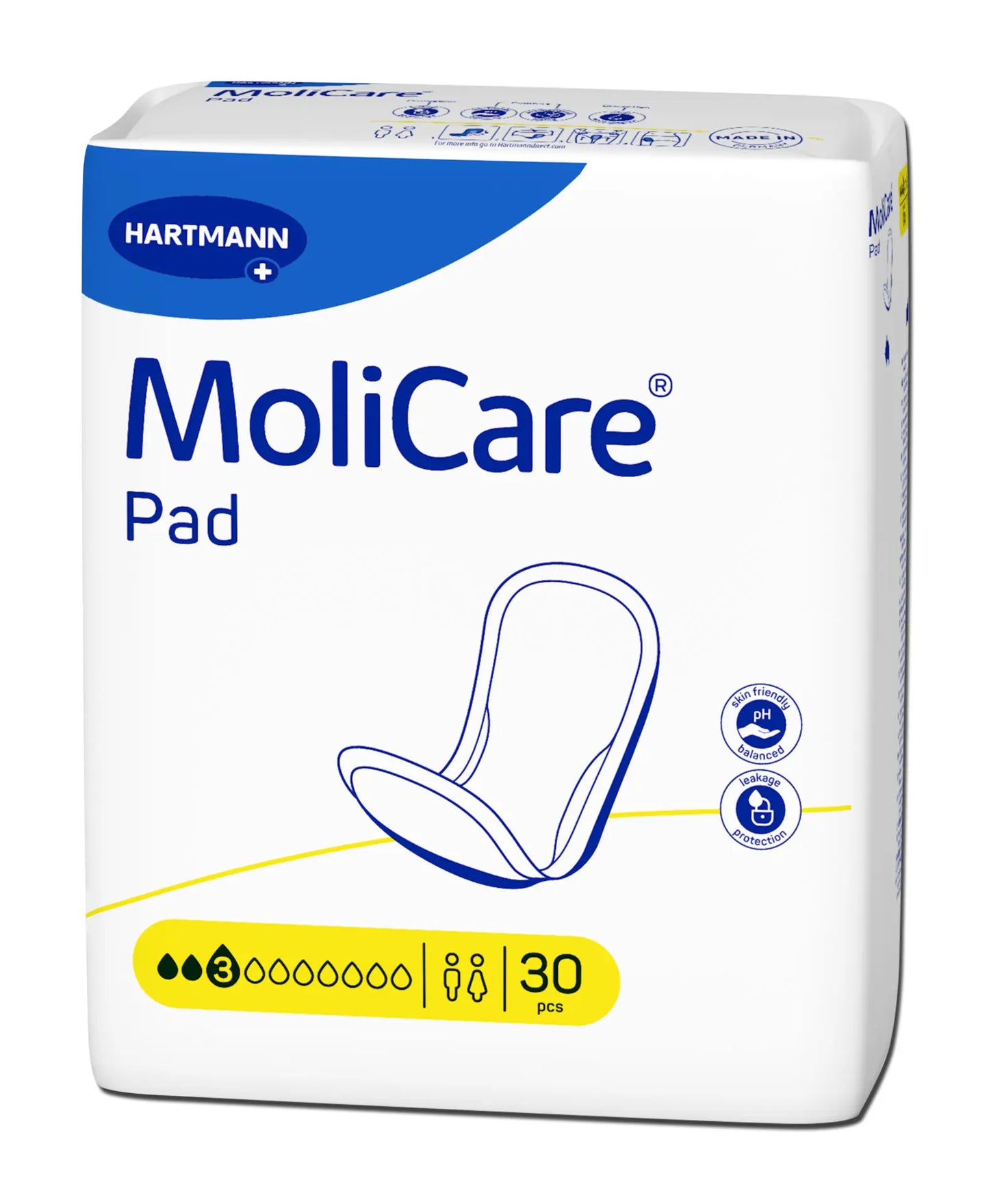 MoliCare® Pad 3 Tropfen Inkontinenzeinlagen in einer 30-Stück-Packung mit pH-Hautschutz und ergonomischem Design für leichte Inkontinenz.